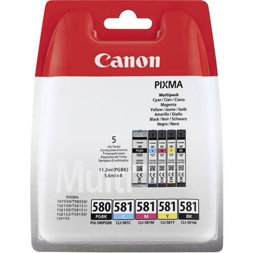 Canon PGI-580PGBK/CLI-581 Inkjet Printer Cartridge Multipack, Pack of 5