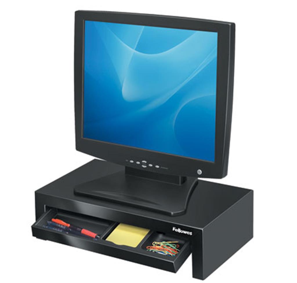 Fellowes Computer Monitor Stand With 3 Height Adjustments - Designer Suites Monitor Riser With Storage Tray - Ergonomic Adjustable Monitor Stand For Computers - Max Weight 18Kg/Max Size 21" - Black/Pearl