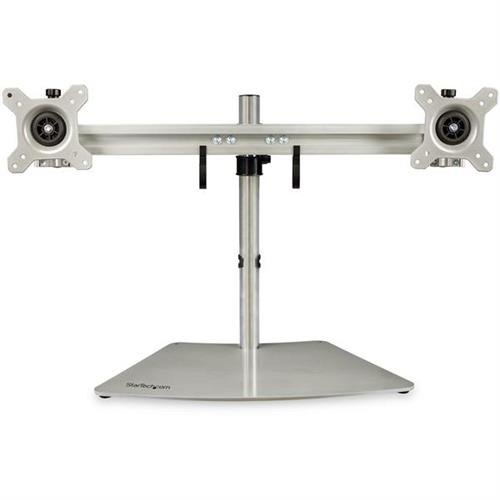 StarTech.com Dual Monitor Stand - Ergonomic Free Standing Dual Monitor Desktop Stand for two 24" VESA Mount Displays - Synchronized Height Adjustable - Double Monitor Pole Mount - Silver