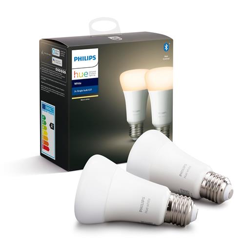 Philips Hue White Wireless Lighting LED Light Bulb with Bluetooth, 9W A60 E27 Edison Screw Cap Bulb, Pack of 2
