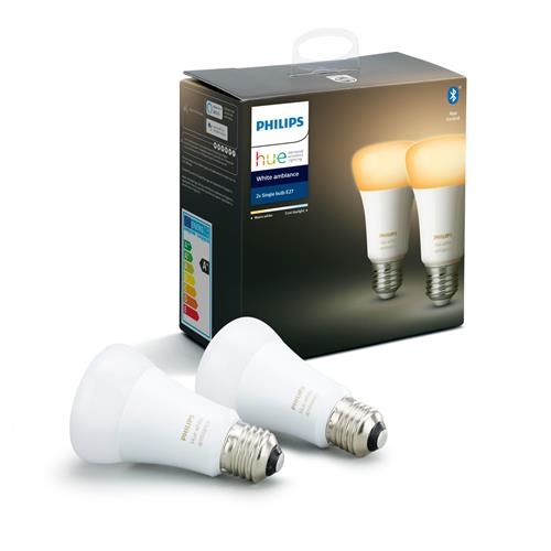 Philips Hue White Ambiance Wireless Lighting LED Light Bulb with Bluetooth, 9W A60 E27 Edison Screw Cap Bulb, Pack of 2