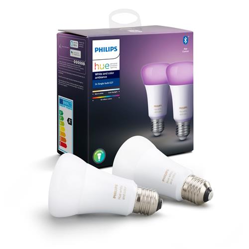 Philips Hue White and Colour Ambiance Wireless Lighting LED Colour Changing Light Bulb with Bluetooth, 9W A60 E27 Edison Screw Cap Bulb, Pack of 2