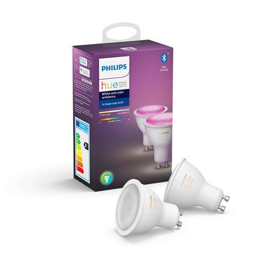 Philips Hue White and Colour Ambiance Wireless Lighting LED Colour Changing Light Bulb with Bluetooth, 5.7W GU10 Bulb, Pack of 2