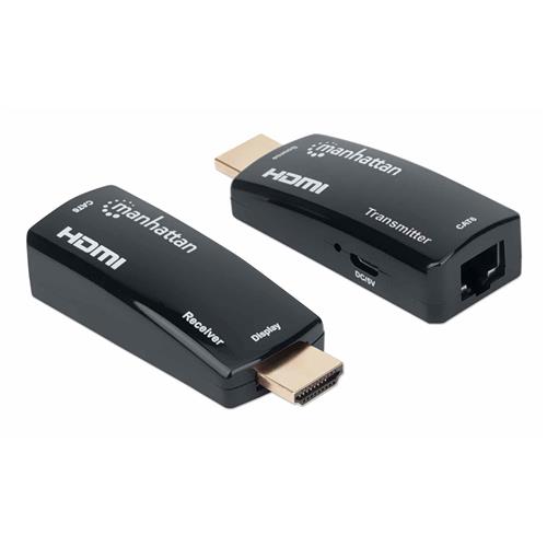 Manhattan 1080p@60Hz Compact HDMI over Ethernet Extender Kit Extends Distances of Signal up to 60m with a Single Cat6 Ethernet Cable Transmitter and Receiver included Power over Cable Ultra Slim Design Black