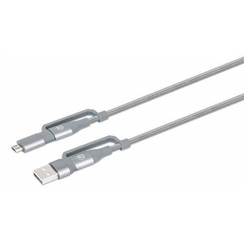 Manhattan USB-C &amp; USB-A 4-in-1 Charge &amp; Sync Cable 1m USB-C &amp; USB-A to USB-C USB-A and Micro-B 480 Mbps (USB 2.0) 3A / 60W (fast charging) Male to Male Braided Design Space Grey Lifetime Warranty Boxed