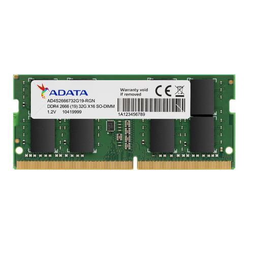 ADATA Premier . Component for: Laptop Internal memory: 8 GB Internal memory type: DDR4 Memory clock speed: 2666 MHz Memory form factor: 260-pin SO-DIMM CAS latency: 19