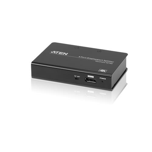 Aten VS194. Video port type: DisplayPort Video out: 4x DisplayPort. Maximum resolution: 4096 x 2160 pixels Product colour: Black Housing material: Metal. Dimensions (WxDxH): 125 x 80 x 250 mm Weight: 300 g