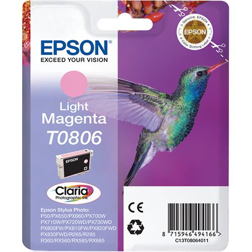 Epson Hummingbird Singlepack Light Magenta T0806 Claria Photographic Ink. Colour ink type: Pigment-based ink Colour ink volume: 7.4 ml Printing colours: Light magenta Quantity per pack: 1 pc(s)