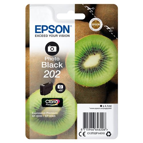 Epson Kiwi Singlepack Photo Black 202 Claria Premium Ink. Colour ink type: Dye-based ink Cartridge capacity: Standard Yield Black ink volume: 4.1 ml Printing colours: Photo black Quantity per pack: 1 pc(s) Black ink page yield: 400 pages