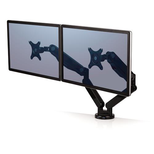 Fellowes Platinum Series Dual Monitor Arm - Monitor Mount for Two 8KG 32 Inch Screens - Adjustable Dual Monitor Desk Mount - Tilt 45 Pan 180 Swivel 360 Rotation 360 VESA 75 x 75/100 x 100 - Black