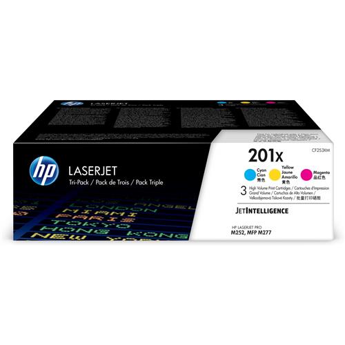 HP 201X 3-pack High Yield Cyan/Magenta/Yellow Original LaserJet Toner Cartridges. Colour toner page yield: 2300 pages Printing colours: Cyan Magenta Yellow Quantity per pack: 3 pc(s)