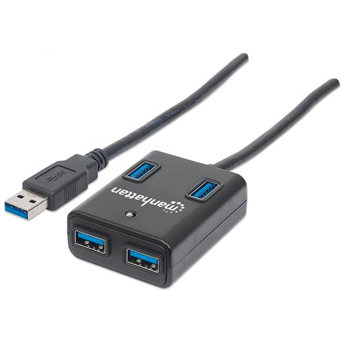 Manhattan USB-A 4-Port Hub 4x USB-A Ports 5 Gbps (USB 3.2 Gen1 aka USB 3.0) Bus Power Fast charging x1 Port up to 0.9A or x4 Ports with power jack (not included) SuperSpeed USB Black Three Year Warranty Equivalent to ST4300MINU3B