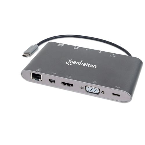 Manhattan USB-C Dock/Hub with Card Reader Ports (x8): USB-C to HDMI Audio 3.5mm Ethernet Mini DisplayPort USB-A (x3) and USB-C With Power Delivery (60W) to USB-C Port (Note add USB-C wall charger and USB-C cable needed) All Ports can be used a