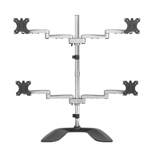 StarTech.com Desktop Quad Monitor Stand - Ergonomic VESA 4 Monitor Arm (2x2) up to 32" - Free Standing Articulating Universal Pole Mount - Height Adjustable/Tilt/Swivel/Rotate - Silver