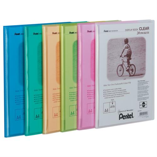 Pentel Recycology A4 Display Book Clear 20 Pocket Assorted Colours (Pack 5) - Dcf242/Mix