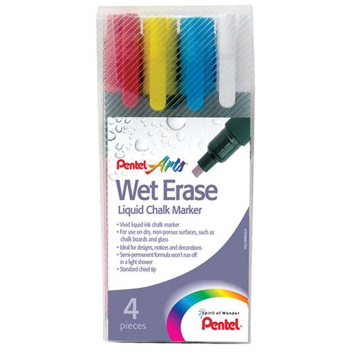 Pentel Wet Erase Chalk Marker Chisel Tip 2-4Mm Line Assorted Colours (Pack 4) - Smw26/4-Bcgw