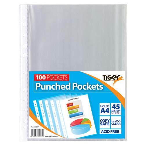 Tiger Multi Punched Pocket Polypropylene A4 45 Micron Top Opening Clear (Pack 100) - 300947