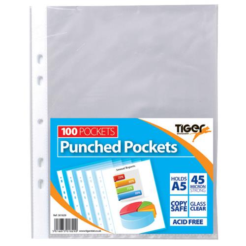 Tiger Multi Punched Pocket Polypropylene A5 45 Micron Top Opening Clear (Pack 100) - 301829