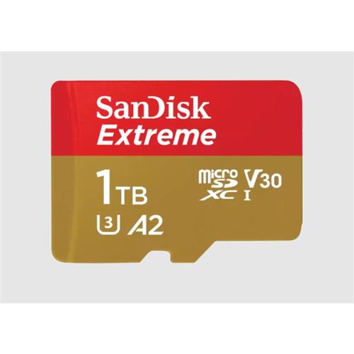 SanDisk Extreme. Capacity: 1 TB Flash card type: MicroSDXC Flash memory class: Class 3 Internal memory type: UHS-I Read speed: 190 MB/s UHS Speed Class: Class 1 (U1) Video Speed Class: V30. Product colour: Gold Red