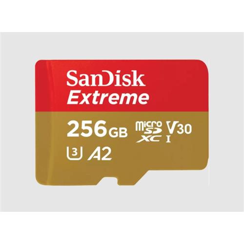 SanDisk Extreme. Capacity: 256 GB Flash card type: MicroSDXC Flash memory class: Class 3 Internal memory type: UHS-I Read speed: 160 MB/s Write speed: 90 MB/s UHS Speed Class: Class 1 (U1) Video Speed Class: V30. Product colour: Red
