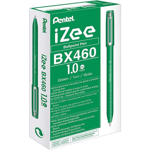 Pentel IZEE Ballpoint Pen Cap-Style 1.0mm Tip 0.5mm Line Green (Pack 12) BX460-D