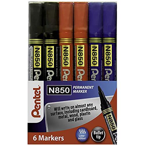 Pentel N850 Permanent Marker Bullet Tip 2.1Mm Line Assorted (Pack 6) Yn850/6-M