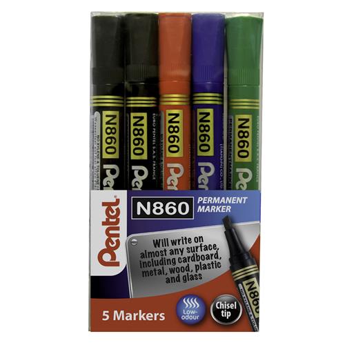 Pentel N860 Permanent Marker Chisel Tip 1.8 - 4.5mm Line Assorted (Pack 5) YN860/5-M