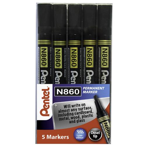 Pentel N860 Permanent Marker Chisel Tip 1.8 - 4.5mm Line Black (Pack 5) YN860/5-A