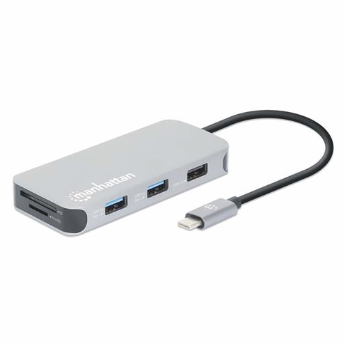 Manhattan USB-C Dock/Hub with Card Reader Ports (x6): Ethernet HDMI USB-A (x3) and USB-C With Power Delivery (100W) to USB-C Port (Note additional USB-C wall charger and USB-C cable needed) Universal for all devices Cable 15cm Aluminium Silve