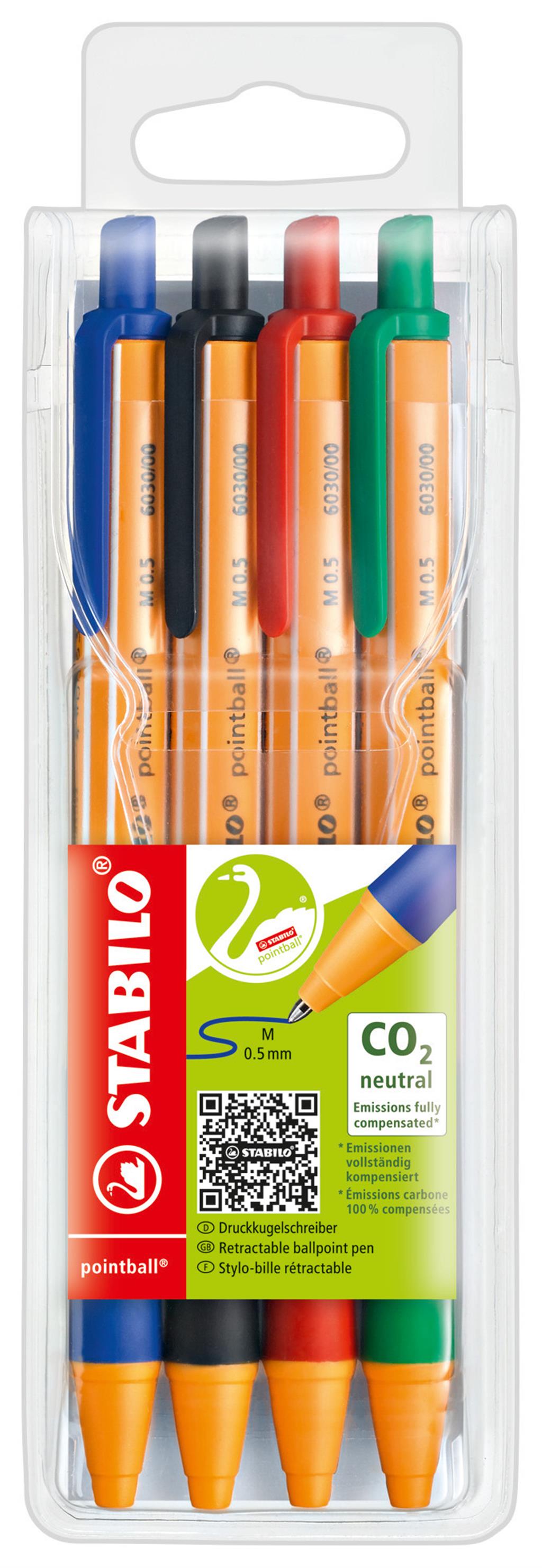 Stabilo Pointball Black Blue Green Red Clip-On Retractable Ballpoint Pen 4 Pc(S)