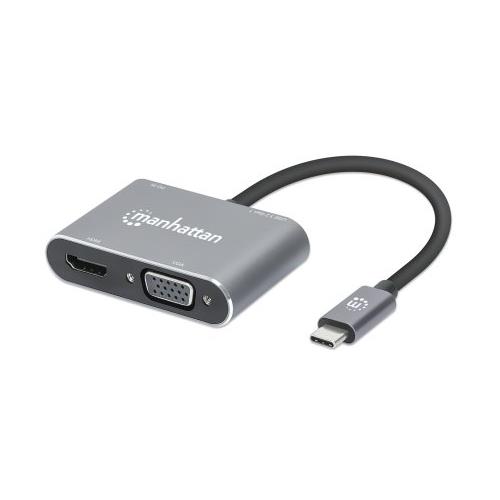Manhattan USB-C Dock/Hub Ports (x4): HDMI USB-A USB-C and VGA With Power Delivery (87W) to USB-C Port (Note add USB-C wall charger and USB-C cable needed) All Ports can be used at the same time Universal for all devices Aluminium Space Grey3