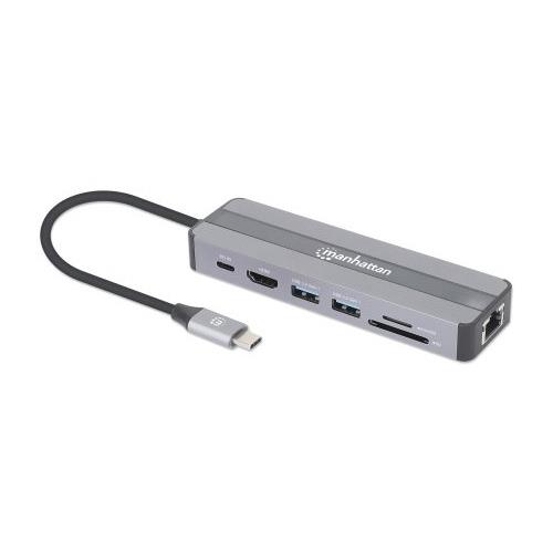 Manhattan USB-C Dock/Hub with Card Reader Ports (x5): Ethernet HDMI USB-A (x2) and USB-C With Power Delivery (87W) to USB-C Port (Note add USB-C wall charger and USB-C cable needed) All Ports can be used at the same time Universal for all devic