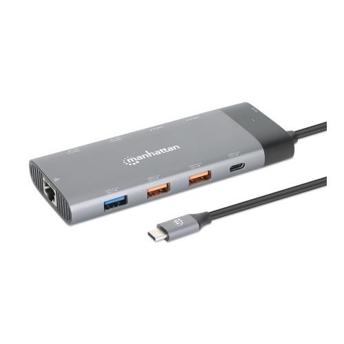 Manhattan USB-C Dock/Hub Ports (x10): Ethernet HDMI (x2 8k) USB-A (x5) and USB-C (x2) With Power Delivery (100W) to USB-C Port (Note additional USB-C wall charger and USB-C cable needed) USB 3.2 Gen 2 All Ports can be used at the same time Uni