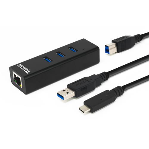 Plugable Technologies USB Hub with Ethernet 3 port USB 3.0 Bus Powered Hub with Gigabit Ethernet Compatible with Windows MacBook Linux Chrome OS Includes USB C and USB 3.0 Cables