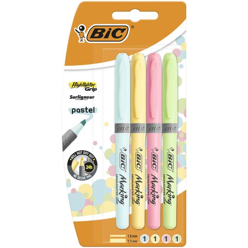 Bic Highlighter Grip Pens with Anti-Drying Technology in 4 Assorted Colors, Water-Based, Pack of 4-image