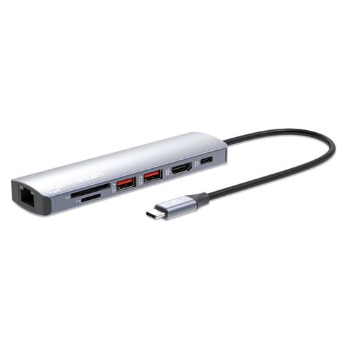 Manhattan USB-C Dock/Hub with Card Reader Ports (x5): Ethernet HDMI USB-A (x2) and USB-C With Power Delivery (100W) to USB-C Port (Note additional USB-C wall charger and USB-C cable needed) USB 3.2 Gen 1 All Ports can be used at the same time