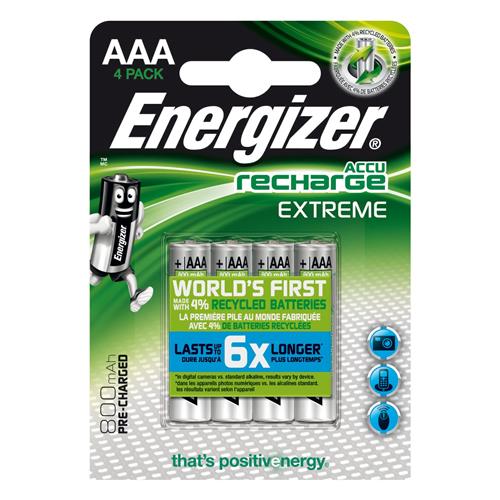 Energizer Accu Recharge Extreme 800 AAA BP4. Battery type: Rechargeable battery Battery size(s): AAA Battery technology: Nickel-Metal Hydride (NiMH). Certification: CE. Package width: 79.5 mm Package depth: 11 mm Package height: 114 mm