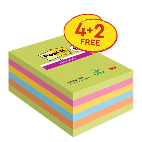 Post-it Super Sticky Large Notes Lined 101x152mm Assorted Colours Promo Pack 90 Sheets per Pad (Pack 4 + 2 Free) - 7100263461
