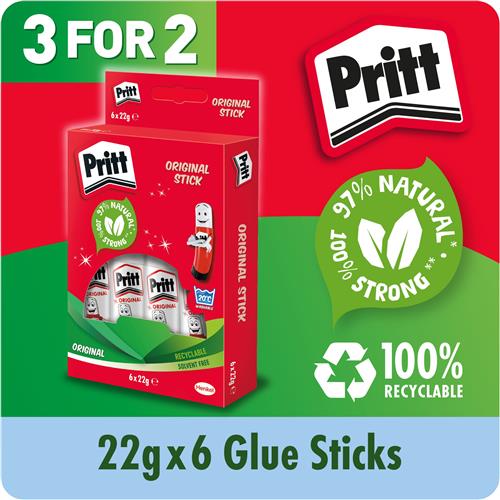 Pritt Original Glue Stick Sustainable Long Lasting Strong Adhesive Solvent Free Value Pack 22g (Pack 6) - Buy 2 Get 1 Free - 1456071 X3