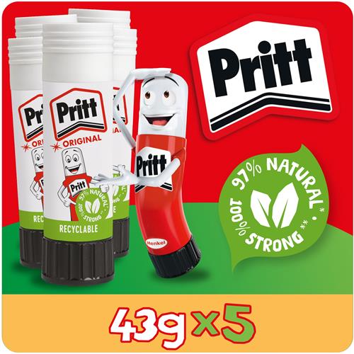 Pritt Original Glue Stick Sustainable Long Lasting Strong Adhesive Solvent Free Value Pack 43g (Pack 5) - 1456072