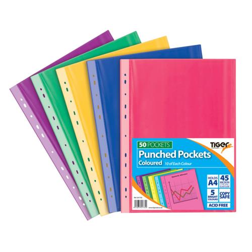 Tiger Multi Punched Pocket Polypropylene A4 45 Micron Top Opening Coloured (Pack 50) - 301735