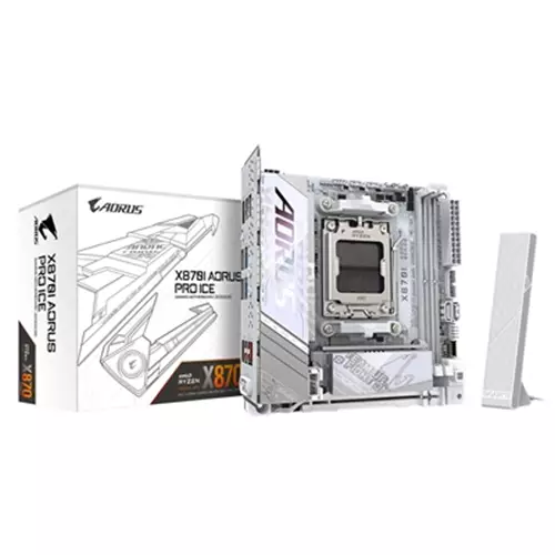 GIGABYTE X870I AORUS PRO ICE Motherboard - Supports AMD Ryzen 9000 Series CPUs 8+2+1 phases VRM up to 8400MHz DDR5 (OC) 1xPCIe 5.0 M.2 + 1xPCIe 4.0 M.2 WI-FI 7 25GbE LAN USB 4
