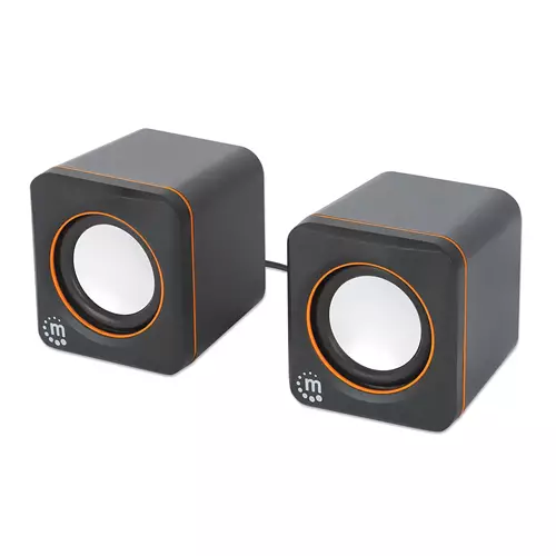 Manhattan 2600 Series Speaker System Two Speakers Black/Orange USB for Stereo Audio and Power Output: 2x 3W Decent Sound Integrated rotary volume control USB-C/USB-A Adapter Cable 1.4m Three Year Warranty