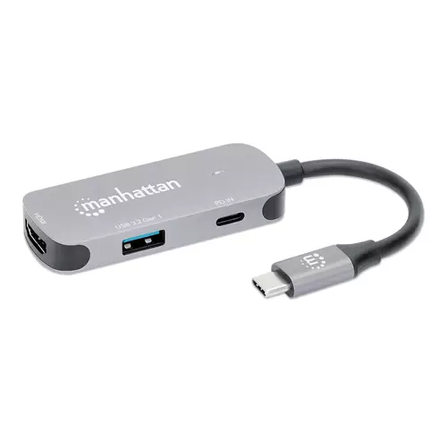 Manhattan USB-C Dock/Hub Ports (x3): HDMI USB-A and USB-C With Power Delivery (100W) to USB-C Port (Note additional USB-C wall charger and USB-C cable needed) HDMI: 4k@60Hz USB-A: 5 Gbps USB 3.2 Gen1 aka USB 3.0 Universal for all devices Cable