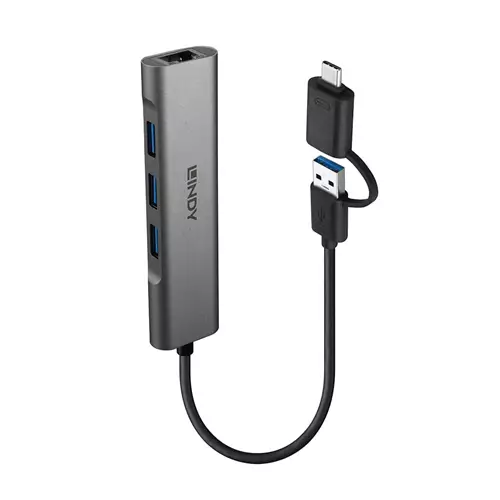 Photos - Other Components Lindy USB 3.2 Gen 1 Hub and Gigabit Ethernet Converter 43379 