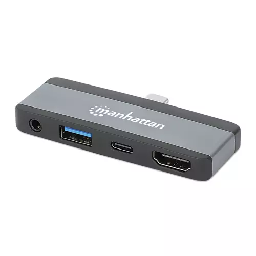 Manhattan USB-C Travel Dock/Hub Ports (x4): HDMI USB-A USB-C and 3.5mm audio With Power Delivery (100W) to USB-C Port Black/Space Grey External Power Supply Not Needed All Ports can be used at the same time Universal for all devices Three Ye