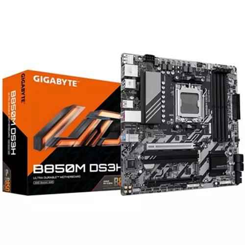 GIGABYTE B850M DS3H Motherboard - AMD Ryzen 9000 Series CPUs 16+2+2 Phases Digital VRM up to 8200MHz DDR5 (OC) 1xPCIe 5.0 + 1xPCIe 4.0 M.2 2.5 LAN USB 3.2 Gen 2 AMD Socket AM5 AMD Ryzen 7000 Series AMD Ryzen 8000 Series AMD Ryzen 9000 Serie