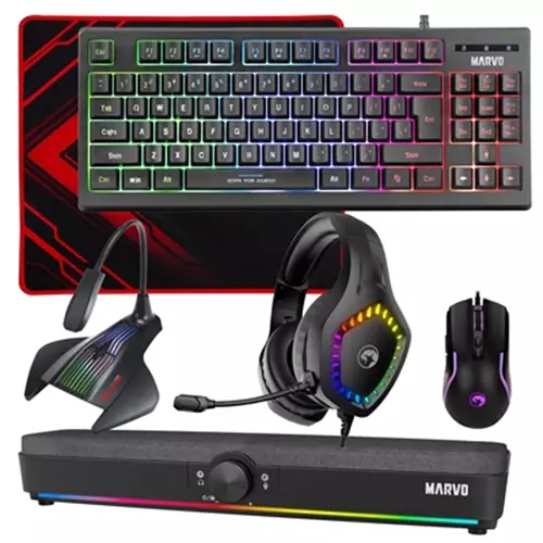 Marvo Scorpion 6-Product Gaming amp; Streaming Bundle featuring Gaming Keyboard Programmable USB Mouse Non-Slip Mousepad PC amp; Console-Compatible Gaming Headset RGB Stereo Soundbar amp; USB Streaming Microphone