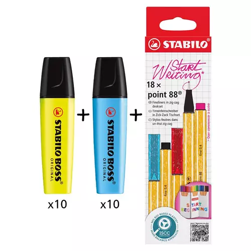 BOSS ORIGINAL Highlighter Yellow (Pack 10)+ Blue (Pack 10) + POINT 88 Fineliner Zigzag Card Assorted Colours (Pack 18) - 70/24/10+70/31+8818/5