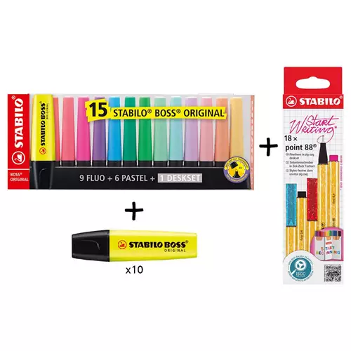BOSS ORIGINAL Highlighter Yellow (Pack 10)+ Deskset Asst (Pack 15)+STABILO POINT 88 Fineliner Zigzag Card Asst (Pack 18) - 70/24/10+7015-01-5+8818/5